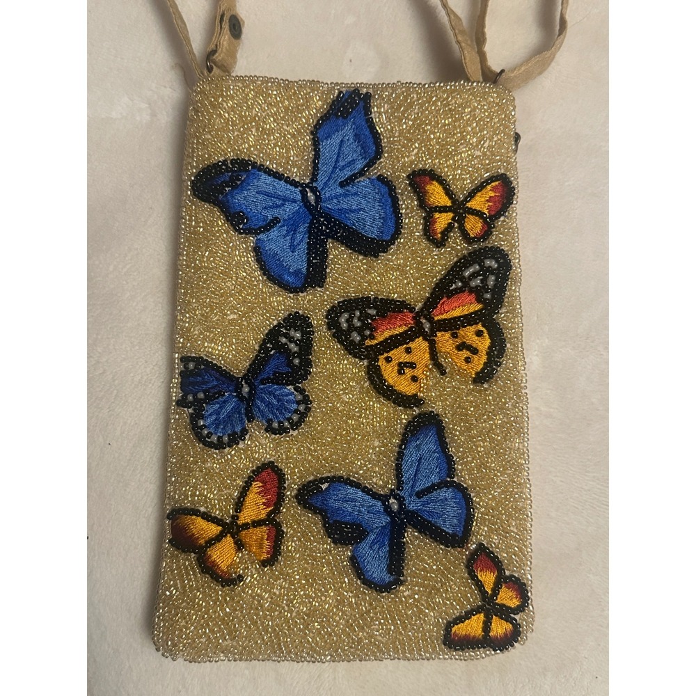 Beaded Butterfly Crossbody Phone Bag Gold Seed Bead Embroidered Small Pouch - Picture 3 of 15